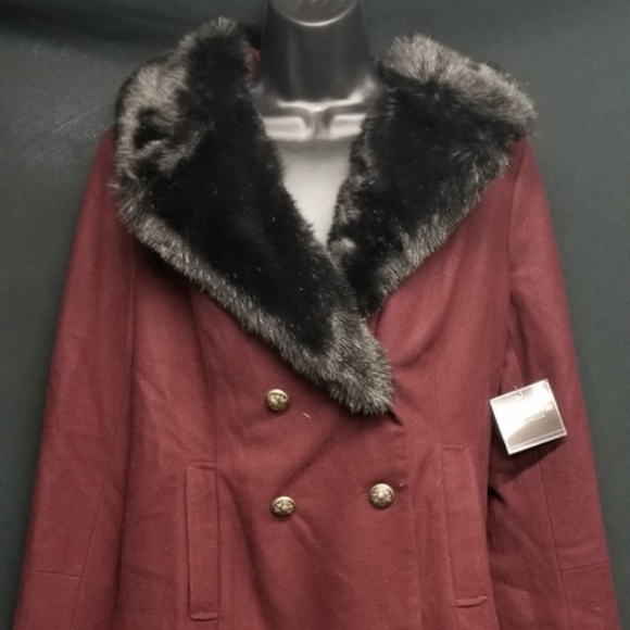 NWT LIZ CLAIBORNE WINE WITH BLACK FAUX FUR COAT L - Picture 1 of 8